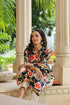 Women Navy Blue Floral Printed Mandarin Collar Pure Cotton Straight Kurta